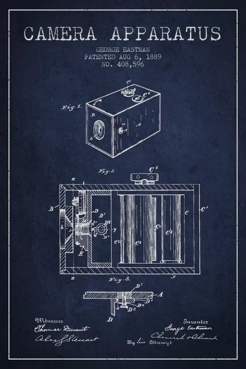 Camera Navy Blue Patent Blueprint by Aged Pixel wall art