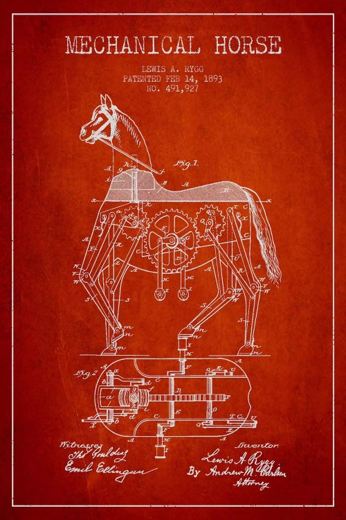Mechanical Horse Red Patent Blueprint