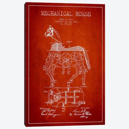 Mechanical Horse Red Patent Blueprint Canvas Print #ADP49} by Aged Pixel Canvas Art