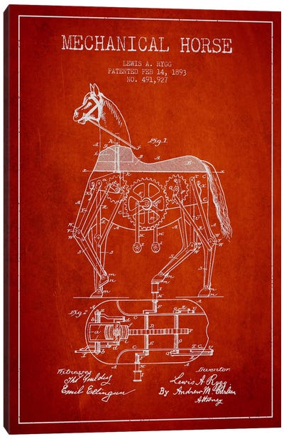 Mechanical Horse Red Patent Blueprint Canvas Art Print - Toy & Game Blueprints