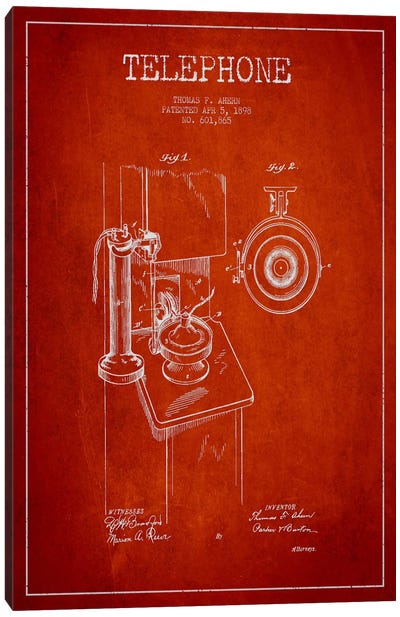 Ahern Telephone Red Patent Blueprint Canvas Art Print - Electronics & Communication Blueprints