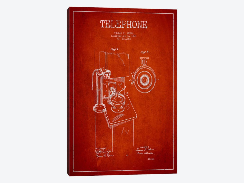 Ahern Telephone Red Patent Blueprint by Aged Pixel 1-piece Canvas Artwork