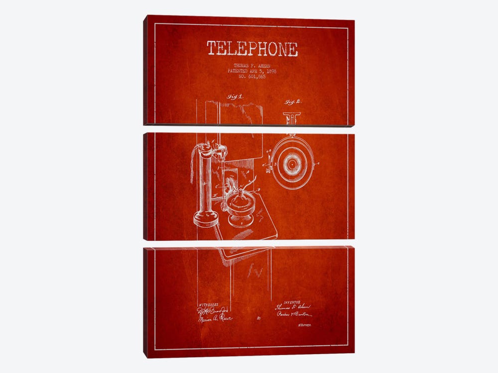 Ahern Telephone Red Patent Blueprint by Aged Pixel 3-piece Canvas Artwork