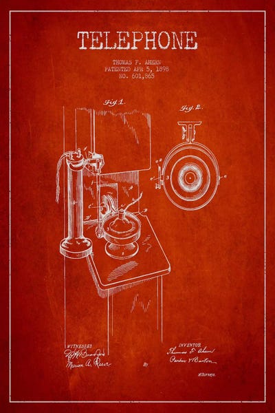 Electronics & Communication Blueprints: Ahern Telephone Red Patent Blueprint by Aged Pixel