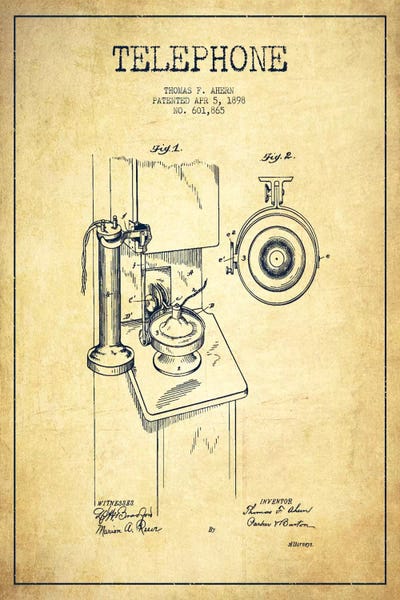 Ahern Telephone Vintage Patent Blueprint by Aged Pixel canvas print