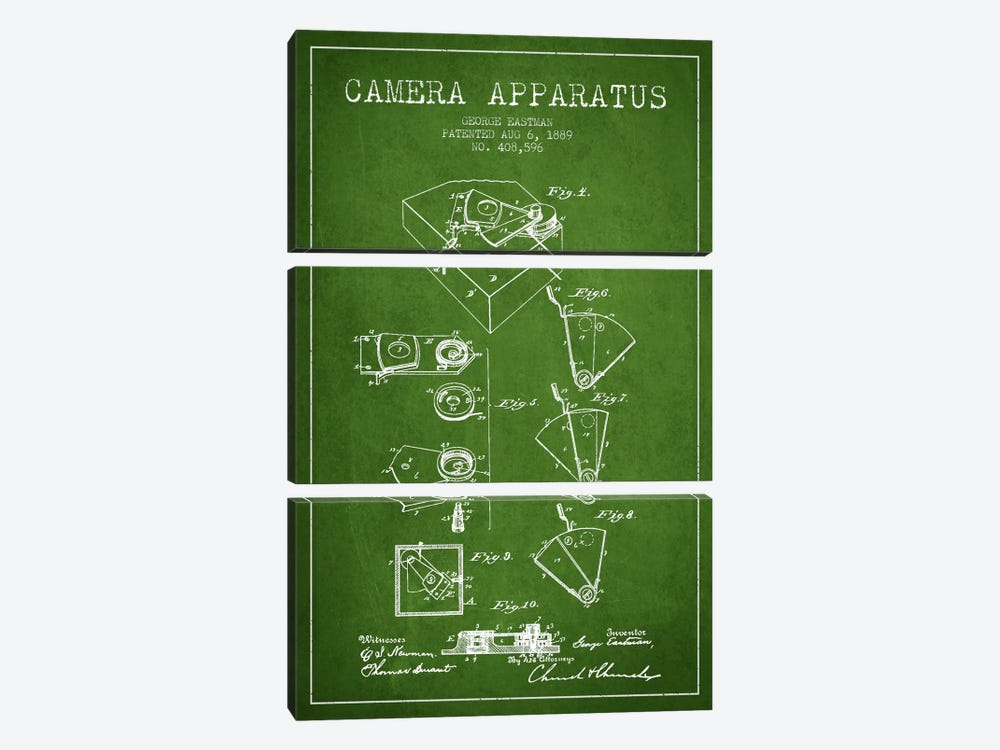 Camera Green Patent Blueprint by Aged Pixel 3-piece Canvas Art Print
