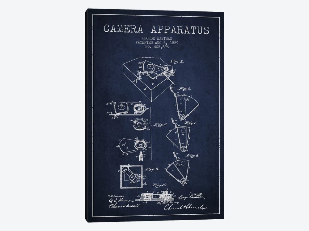 Camera Navy Blue Patent Blueprint by Aged Pixel 1-piece Canvas Artwork