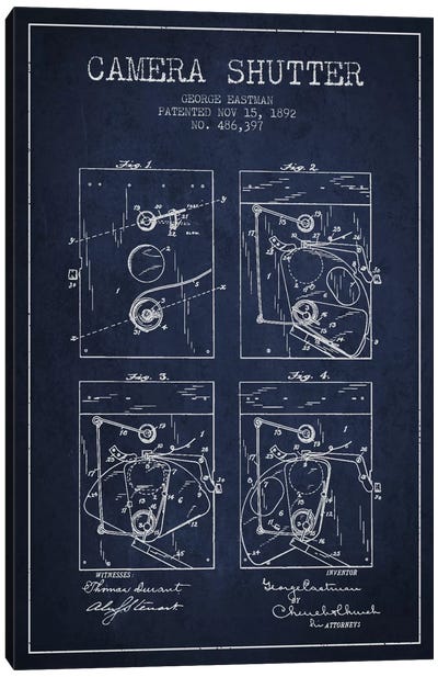 Camera Shutter Navy Blue Patent Blueprint Canvas Art Print - Electronics & Communication Blueprints