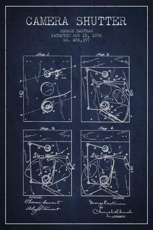 Camera Shutter Navy Blue Patent Blueprint by Aged Pixel wall art
