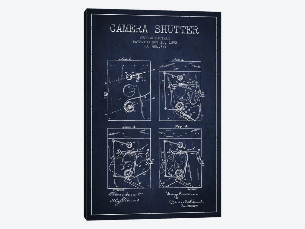 Camera Shutter Navy Blue Patent Blueprint by Aged Pixel 1-piece Canvas Print