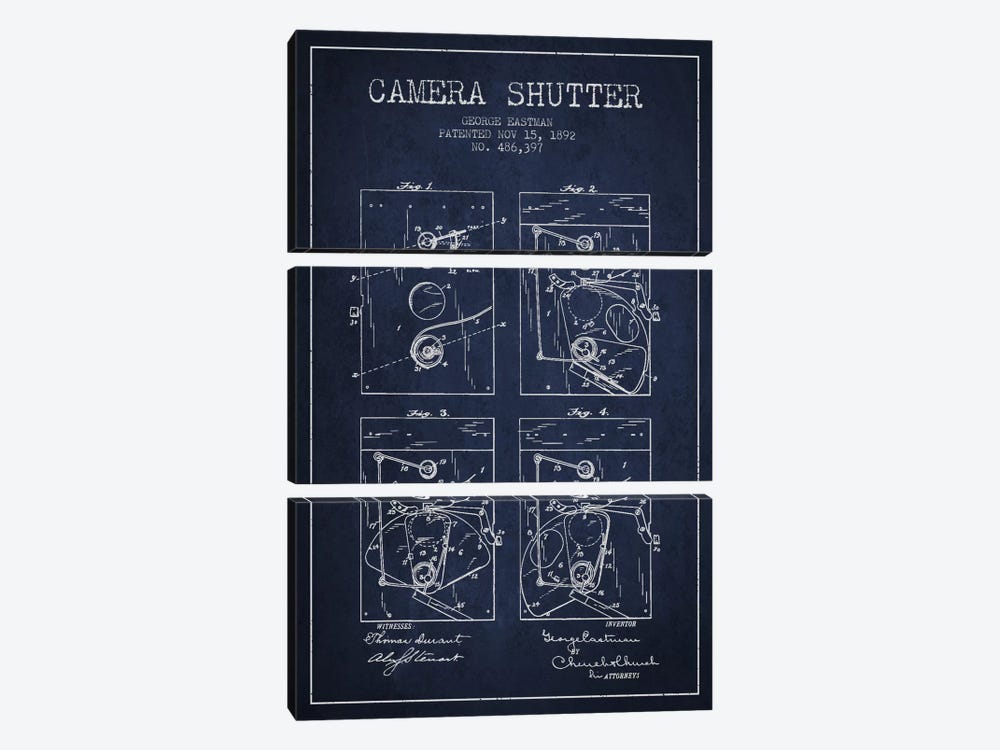 Camera Shutter Navy Blue Patent Blueprint by Aged Pixel 3-piece Canvas Art Print