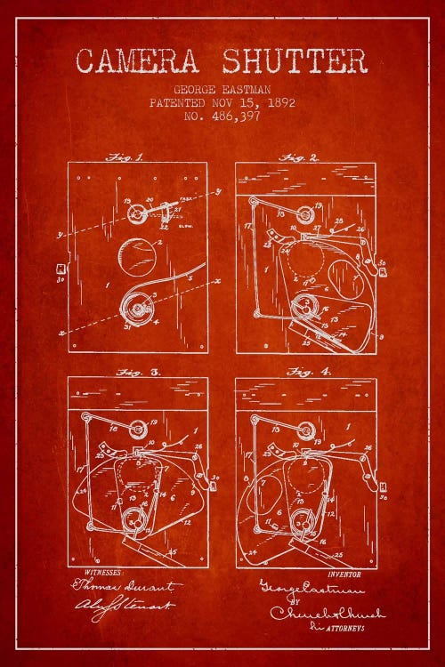 Camera Shutter Red Patent Blueprint by Aged Pixel wall art