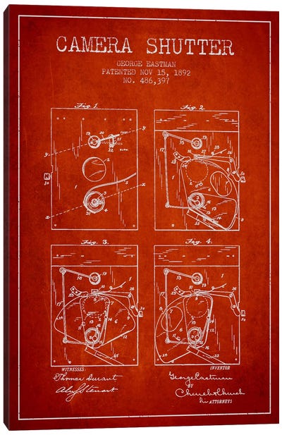 Camera Shutter Red Patent Blueprint Canvas Art Print - Electronics & Communication Blueprints