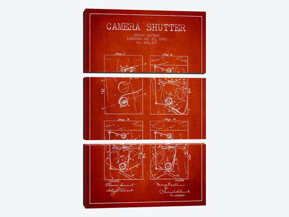 Camera Shutter Red Patent Blueprint by Aged Pixel 3-piece Canvas Art