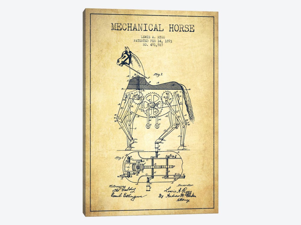 Mechanical Horse Vintage Patent Blueprint by Aged Pixel 1-piece Canvas Wall Art