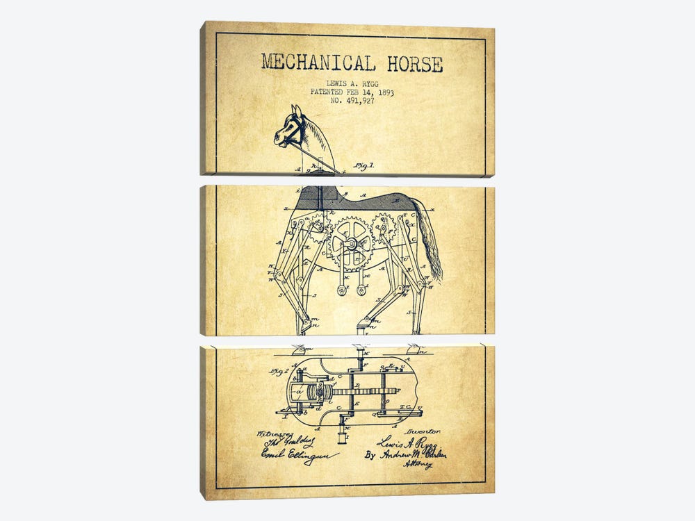 Mechanical Horse Vintage Patent Blueprint by Aged Pixel 3-piece Canvas Art