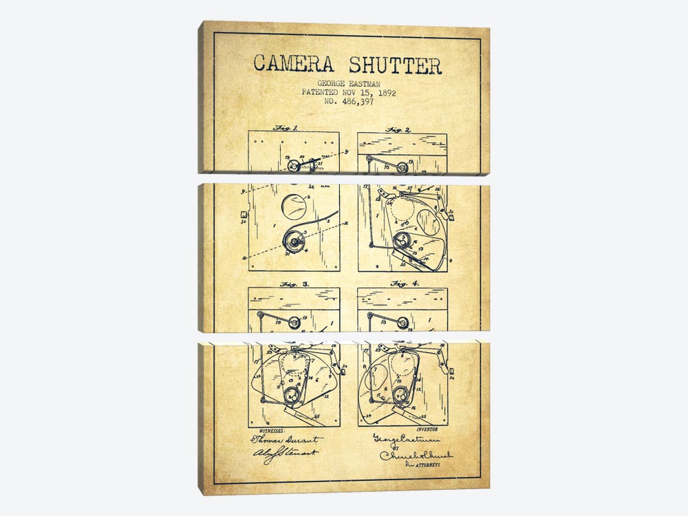 Camera Shutter Vintage Patent Blueprint by Aged Pixel 3-piece Canvas Artwork