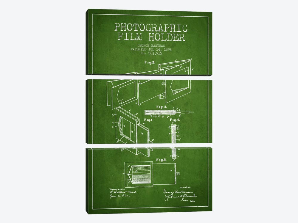 Film Holder Green Patent Blueprint by Aged Pixel 3-piece Canvas Artwork