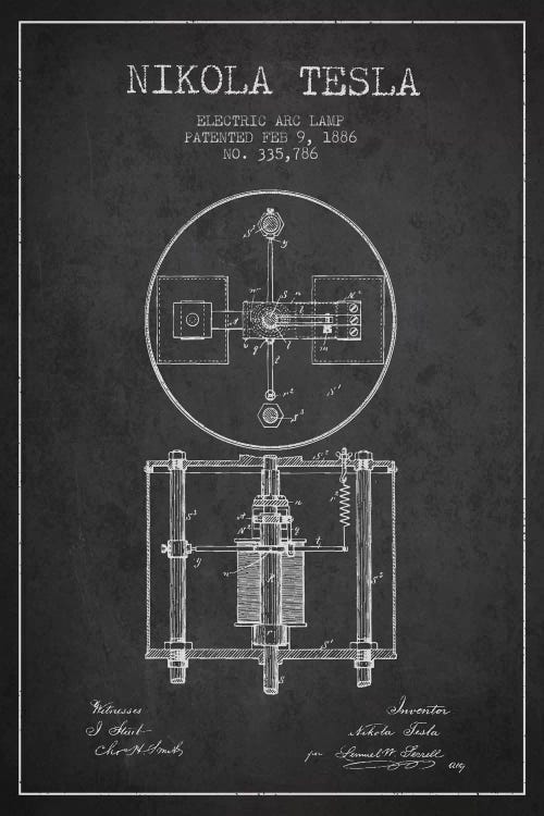 Tesla Arc Lamp Charcoal Patent Blueprint