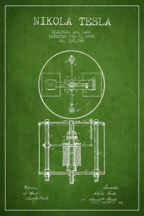 Tesla Arc Lamp Green Patent Blueprint