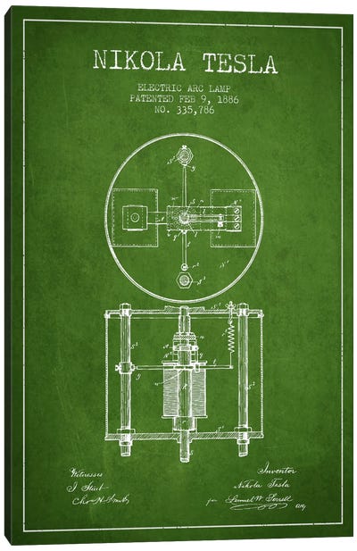 Tesla Arc Lamp Green Patent Blueprint Canvas Art Print - Aged Pixel: Engineering & Machinery