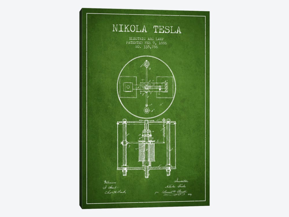Tesla Arc Lamp Green Patent Blueprint by Aged Pixel 1-piece Art Print