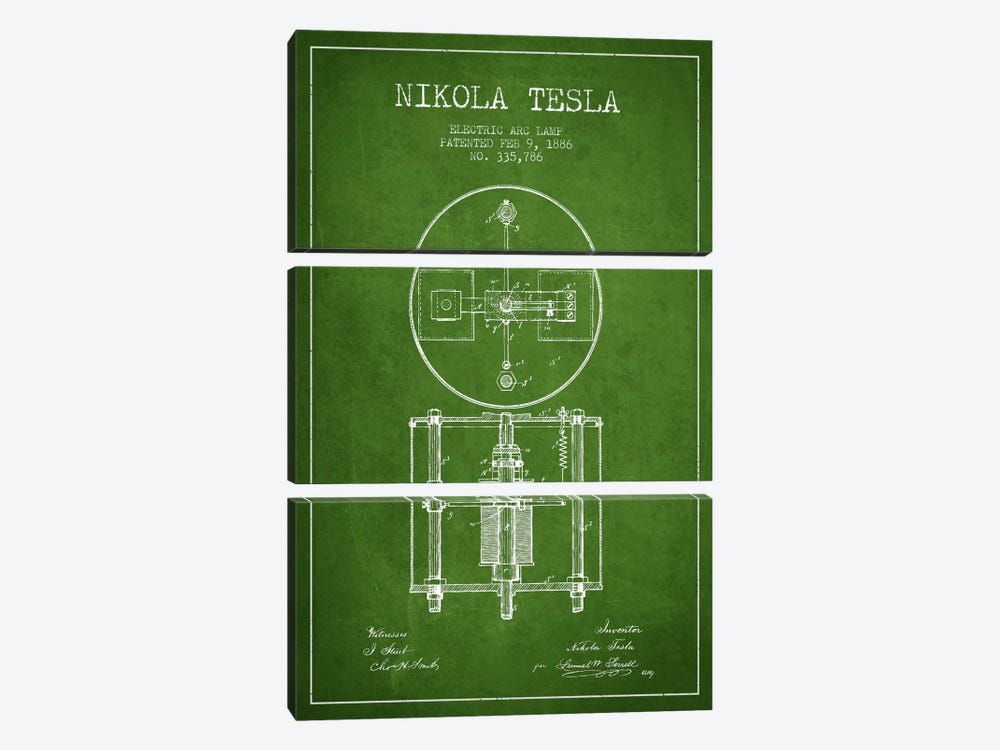 Tesla Arc Lamp Green Patent Blueprint 3-piece Art Print
