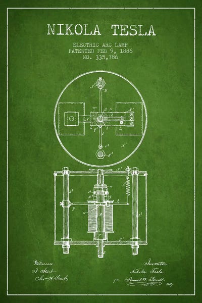 Engineering & Machinery Blueprints: Tesla Arc Lamp Green Patent Blueprint by Aged Pixel