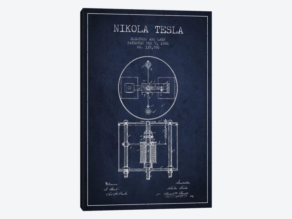 Tesla Arc Lamp Navy Blue Patent Blueprint by Aged Pixel 1-piece Canvas Artwork