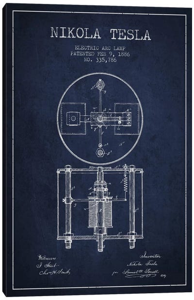 Tesla Arc Lamp Navy Blue Patent Blueprint Canvas Art Print - Engineering & Machinery Blueprints