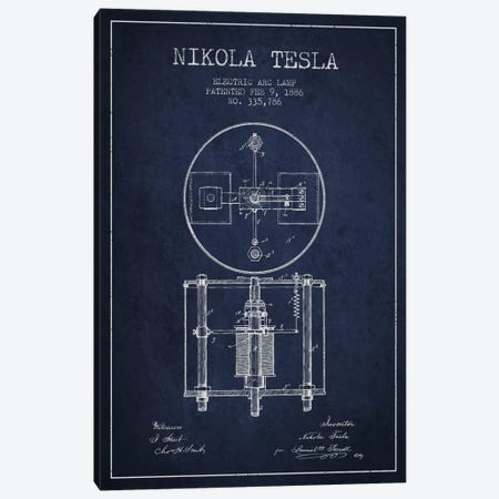 Tesla Arc Lamp Navy Blue Patent Blueprint Canvas Print #ADP518} by Aged Pixel Canvas Print
