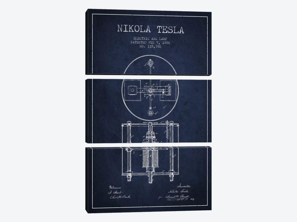 Tesla Arc Lamp Navy Blue Patent Blueprint by Aged Pixel 3-piece Canvas Art