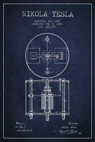 Engineering & Machinery Blueprints: Tesla Arc Lamp Navy Blue Patent Blueprint by Aged Pixel
