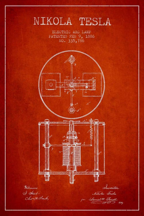 Tesla Arc Lamp Red Patent Blueprint