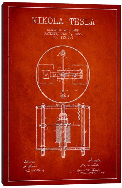 Tesla Arc Lamp Red Patent Blueprint Canvas Art Print - Aged Pixel: Engineering & Machinery