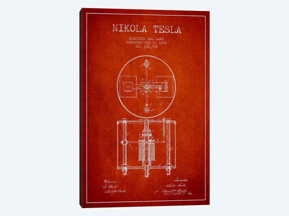 Tesla Arc Lamp Red Patent Blueprint by Aged Pixel 1-piece Canvas Print