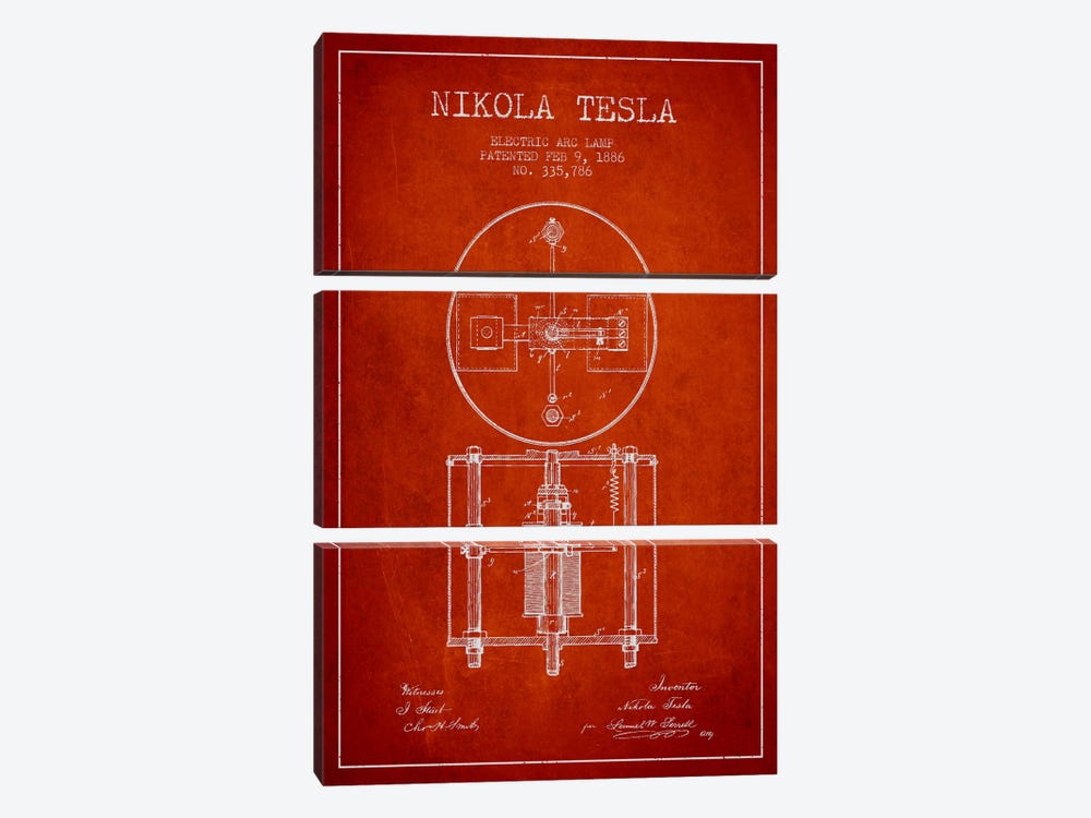 Tesla Arc Lamp Red Patent Blueprint by Aged Pixel 3-piece Art Print