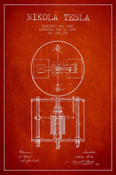Tesla Arc Lamp Red Patent Blueprint