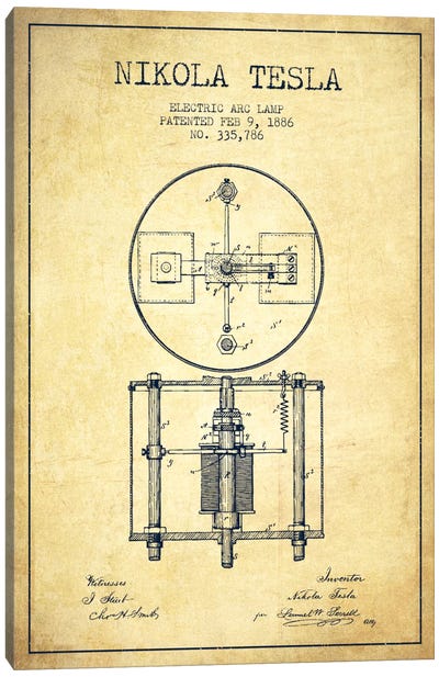 Tesla Arc Lamp Vintage Patent Blueprint Canvas Art Print - Aged Pixel: Engineering & Machinery