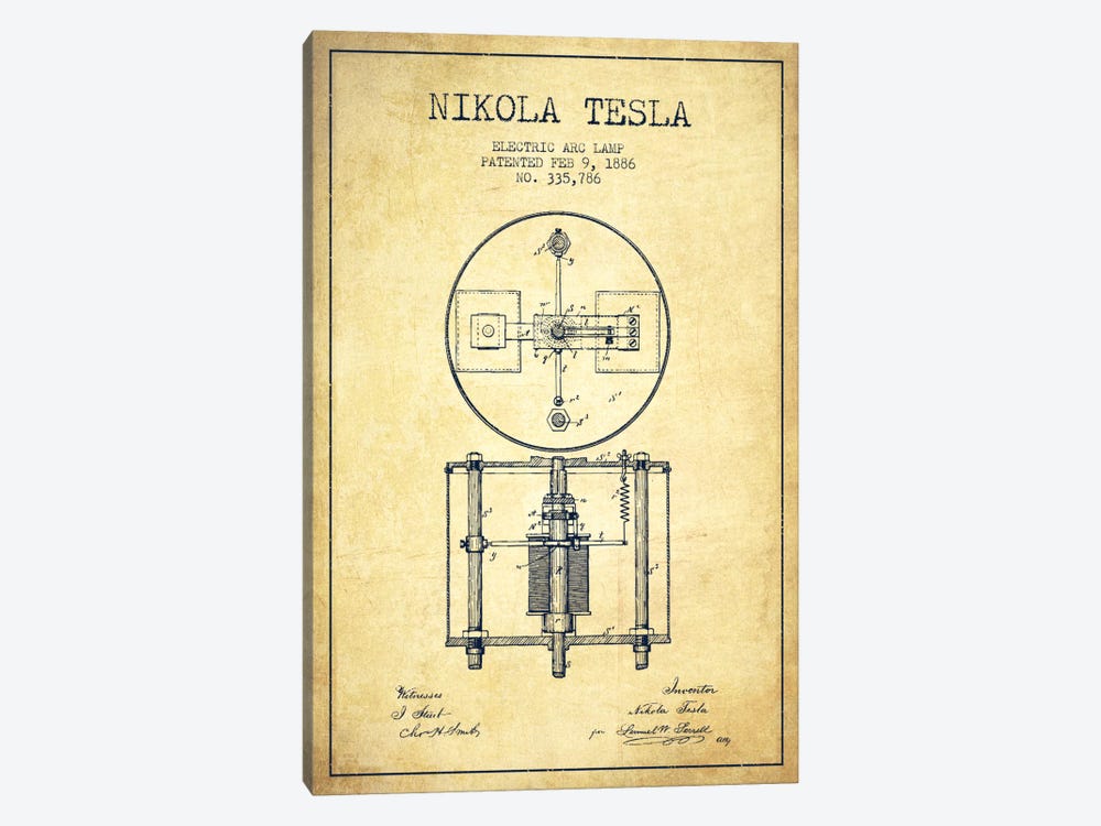 Tesla Arc Lamp Vintage Patent Blueprint by Aged Pixel 1-piece Canvas Print