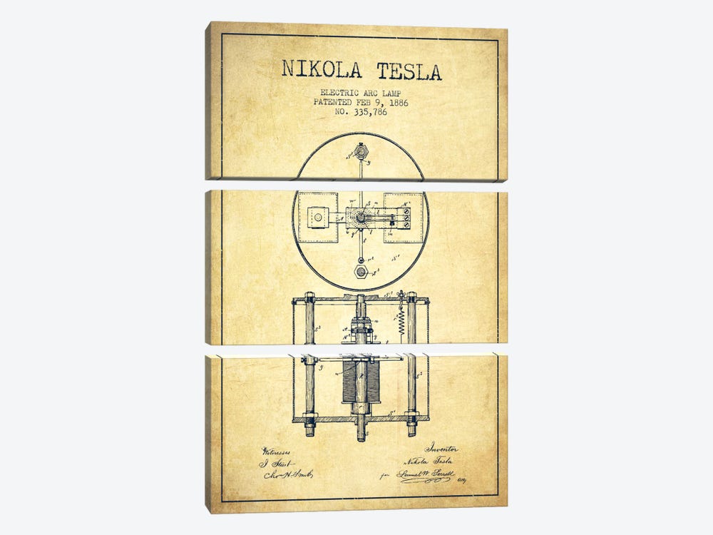 Tesla Arc Lamp Vintage Patent Blueprint by Aged Pixel 3-piece Canvas Print