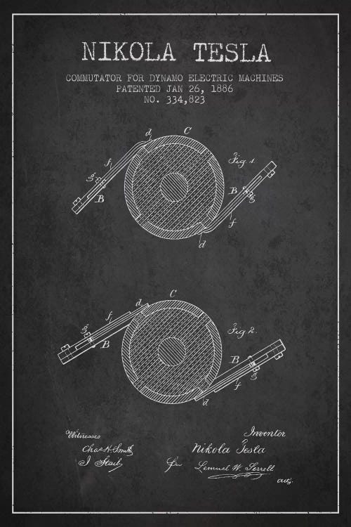 Tesla Commutator Charcoal Patent Blueprint