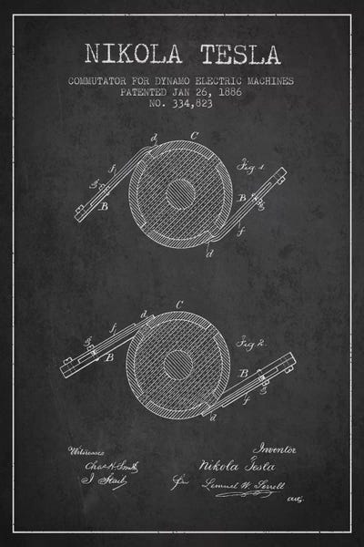 Tesla Commutator Charcoal Patent Blueprint