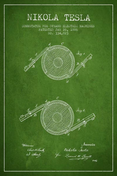 Tesla Commutator Green Patent Blueprint by Aged Pixel metal wall art