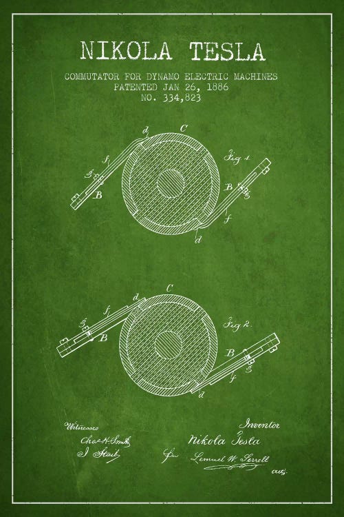 Tesla Commutator Green Patent Blueprint by Aged Pixel wall art
