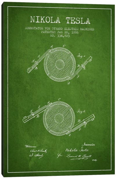 Tesla Commutator Green Patent Blueprint Canvas Art Print - Aged Pixel: Engineering & Machinery