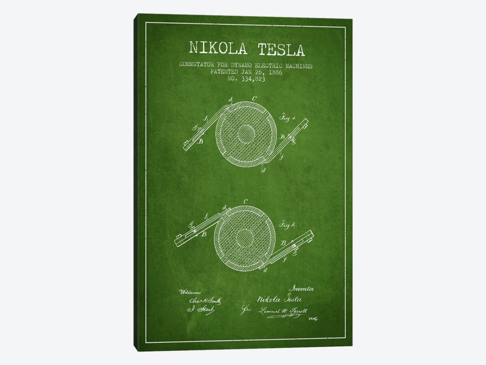 Tesla Commutator Green Patent Blueprint by Aged Pixel 1-piece Canvas Art Print