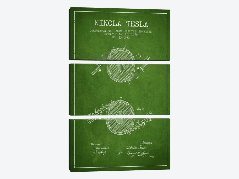 Tesla Commutator Green Patent Blueprint by Aged Pixel 3-piece Art Print