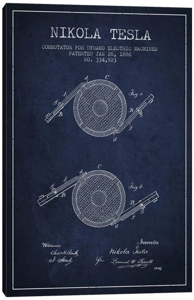 Tesla Commutator Navy Blue Patent Blueprint Canvas Art Print - Engineering & Machinery Blueprints