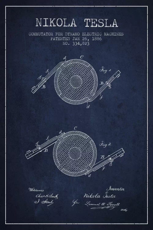 Tesla Commutator Navy Blue Patent Blueprint by Aged Pixel wall art